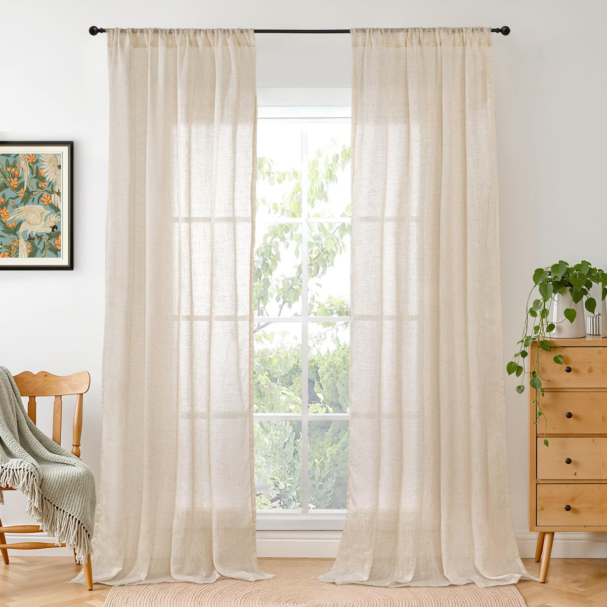 BGment Tan Linen Curtains 84 Inch Length 2 Panels Burlap Semi Sheer Drapes