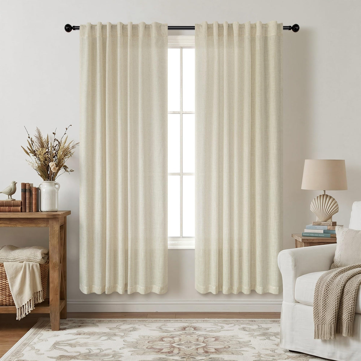 Natural Linen Back Tab Curtains 84 Inch Length for Living Room 2 Panel Pocket Drape Light Filtering Semi Sheer Neutral Country Rustic Farmhouse Boho Curtain Bedroom Muslin Look Ivory Cream Colored