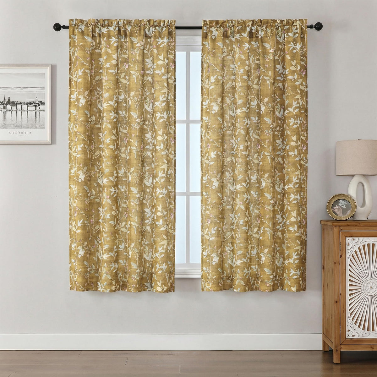 Chyhomenyc Roman Linen Blend Curtains 45 Inch Length 2 Panels, Light Filtering Soft Airy Leaf Floral Printed Rod Pocket Textured Window Treatment Drapes for Living Room Bedroom, 38Wx45L Inch, 2 PCS