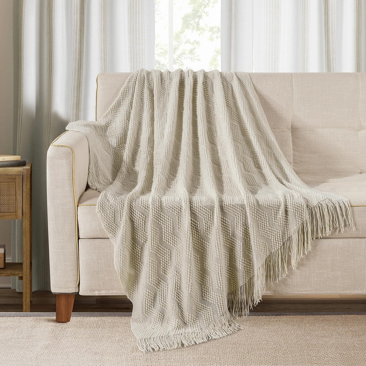 BOURINA Beige Throw Blanket 50x60 Inch Boho Knitted Soft Throw Sofa Blanket