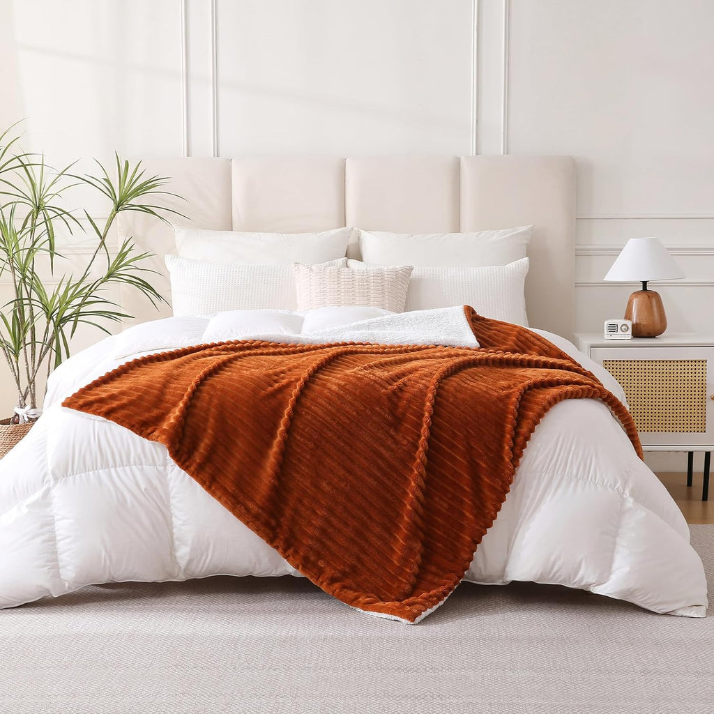 Burnt Orange Sherpa Fleece Throw Blanket 50”×60”Double-sided for Couch