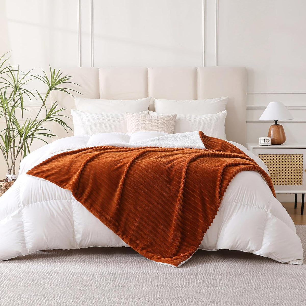 Burnt Orange Sherpa Fleece Throw Blanket 50”×60”Double-sided for Couch