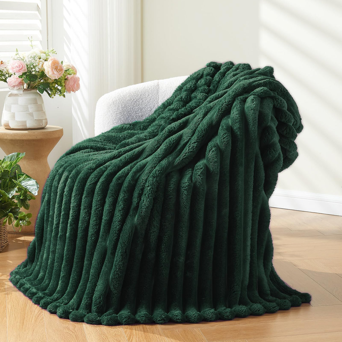 NEWCOSPLAY Fleece Ribbed Cozy Throw Blanket for Couch, Pink, 50"x60"