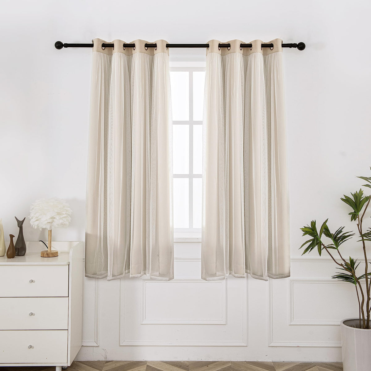 INLINAS Blackout Curtains with Sheer Overlay, Beige, 52x84 Inches