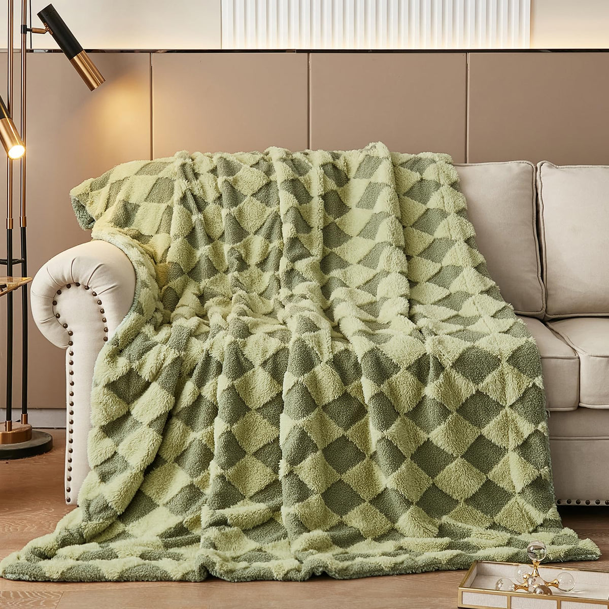 PU MEI Sherpa Fleece Throw Blanket 60" x 80" Reversible Plush Fluffy Large Big Blanket Lattice Flannel Blankets for Sofa Couch Bed (Grey-Soft Blue, 60"*80")