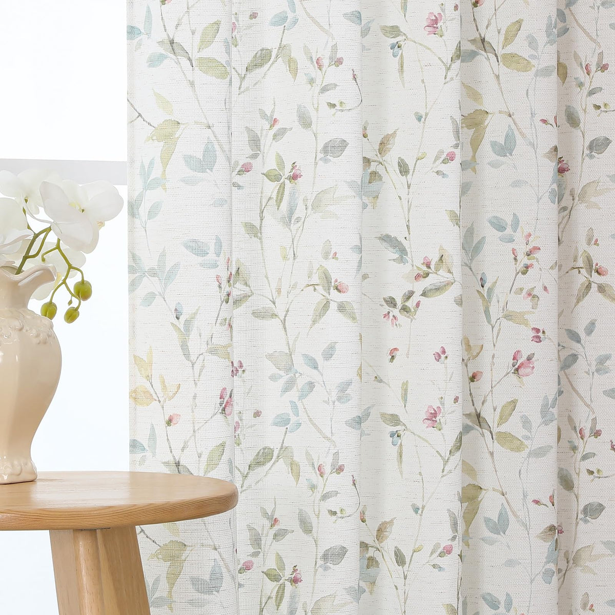 Chyhomenyc Roman Linen Blend Curtains 45 Inch Length 2 Panels, Light Filtering Soft Airy Leaf Floral Printed Rod Pocket Textured Window Treatment Drapes for Living Room Bedroom, 38Wx45L Inch, 2 PCS