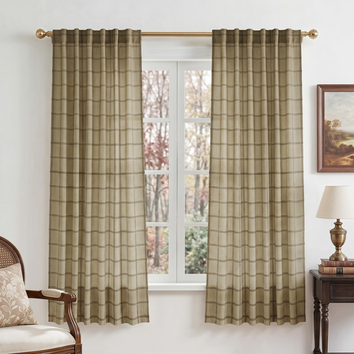 NICETOWN Moss Green Linen Plaid Curtains 96 inches Long for Bedroom