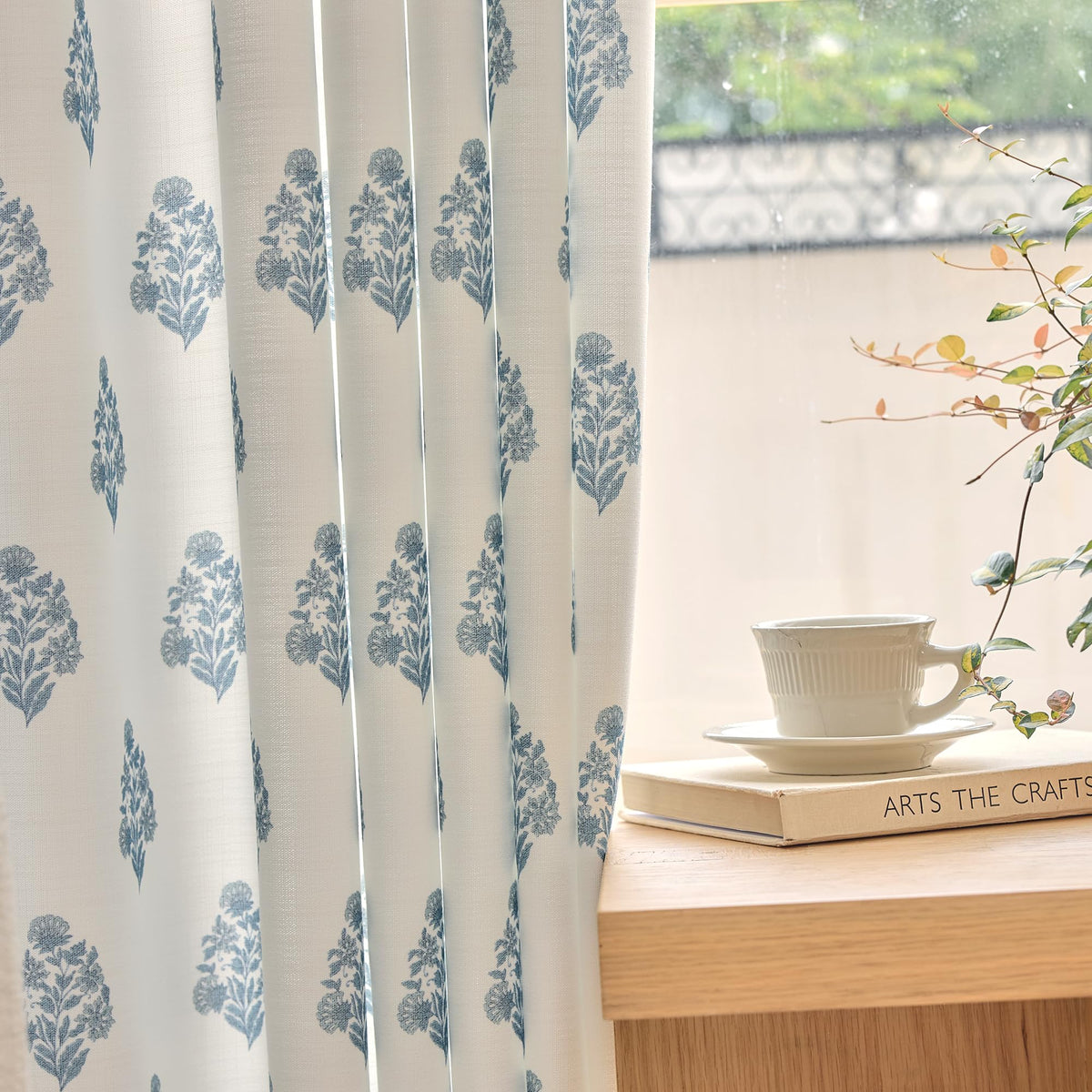 DrapePalette - Linen Blend Pinch Pleated Curtains 108 Inches Long for Living Room, Bedroom, Dining Room, Light Filtering Curtains 2 Panels Set, Modern Floral Printed Design, Antique White 30"W x 108"L