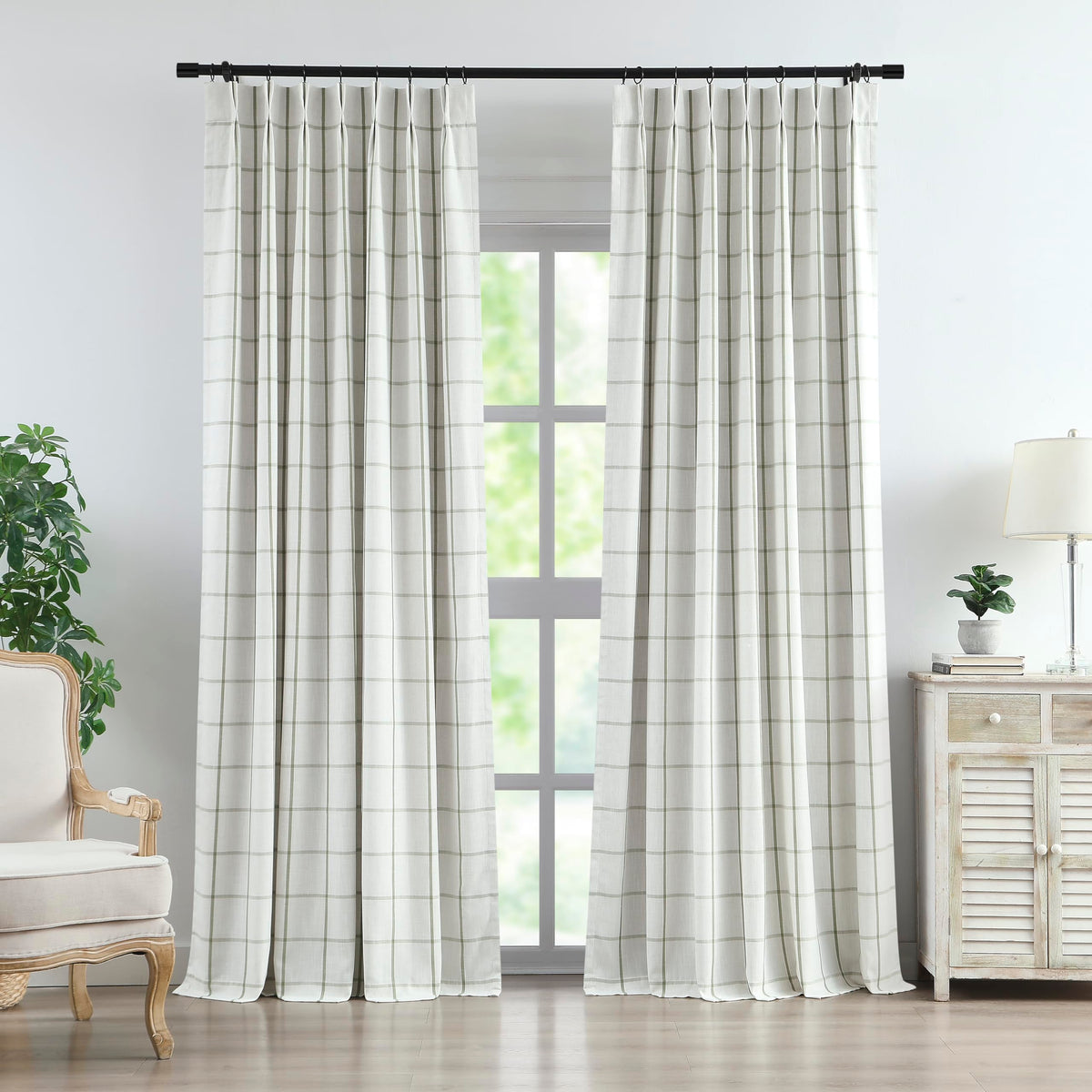 Vision Home Blue Plaid Linen Pinch Pleated Full Blackout Curtains 40Wx84Lx2