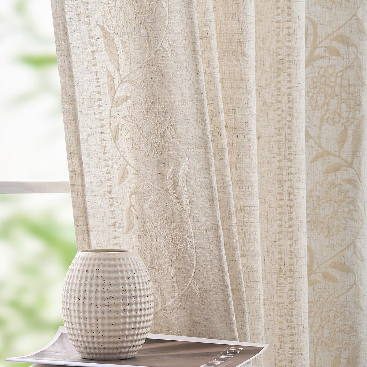 jinchan Sage Floral Linen Curtains for Living Room 84" Back Tab 2 Panels