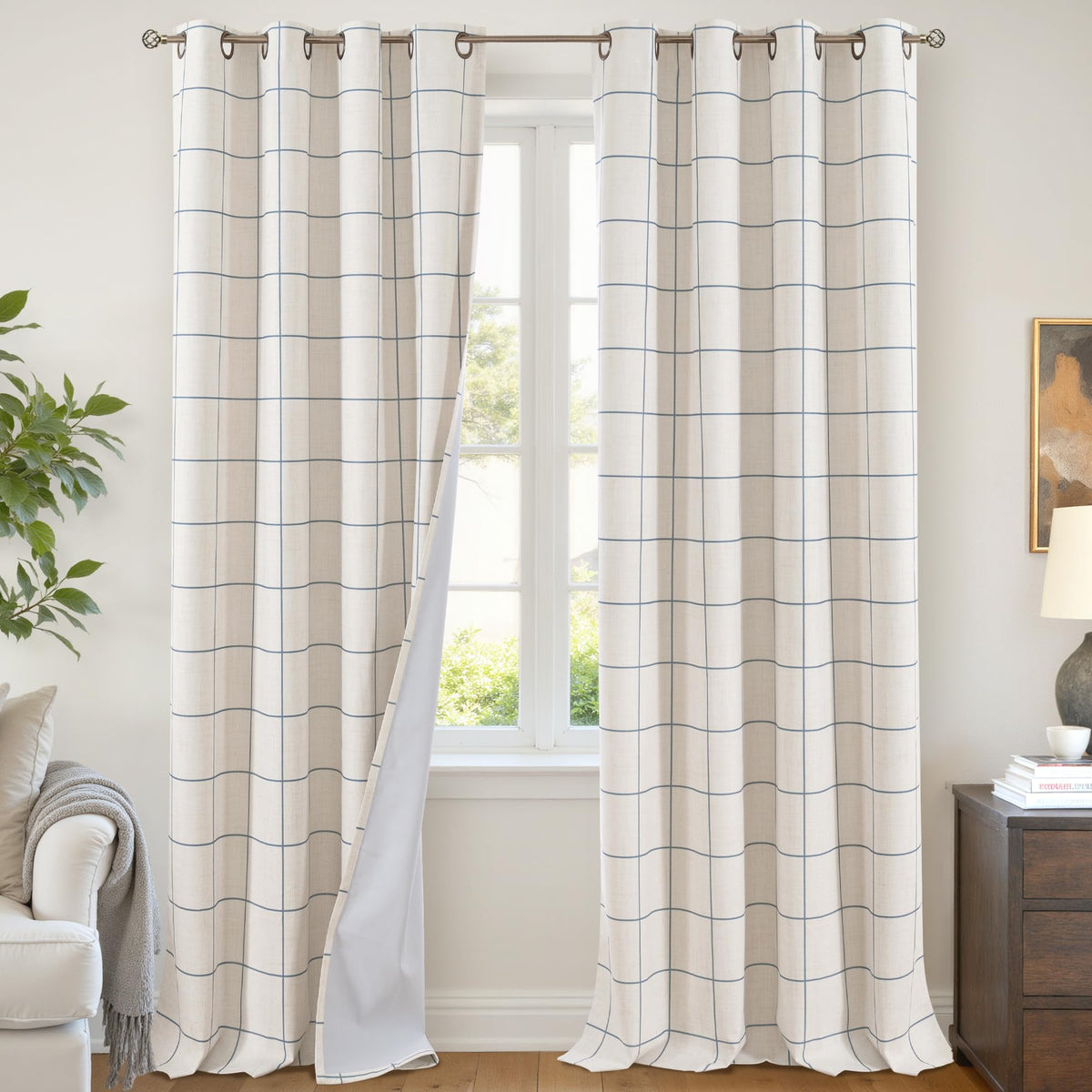 Lajode Linen Blackout Curtains - Boho Plaid 52x84 Inch 2 Panels, Natural