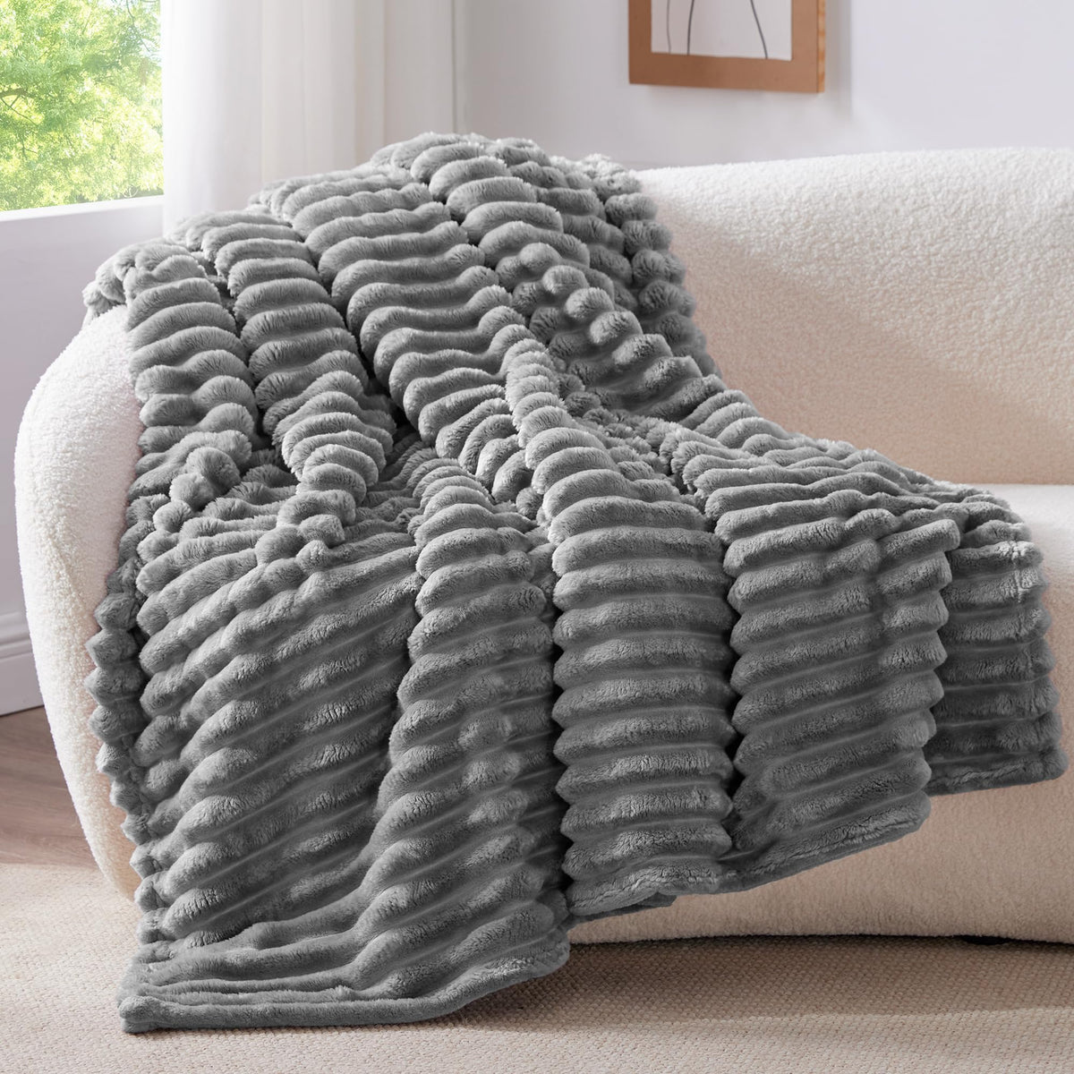 BEDELITE Ribbed Fleece Throw Blanket for Couch, Cream, 50"x60"