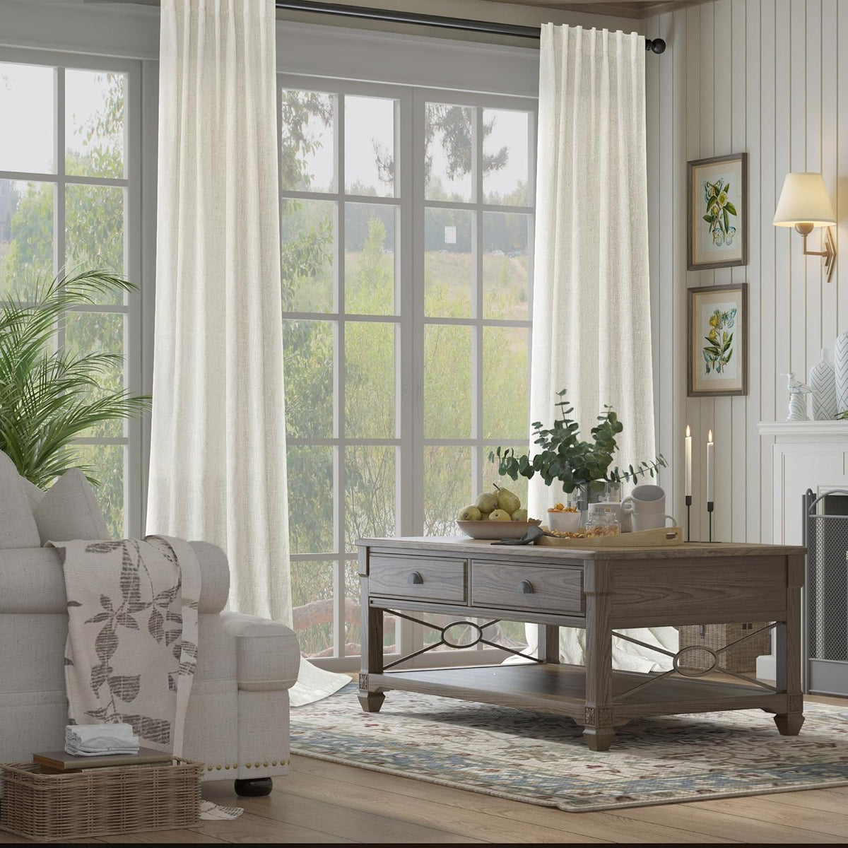 Natural Linen Back Tab Curtains 84 Inch Length for Living Room 2 Panel Pocket Drape Light Filtering Semi Sheer Neutral Country Rustic Farmhouse Boho Curtain Bedroom Muslin Look Ivory Cream Colored