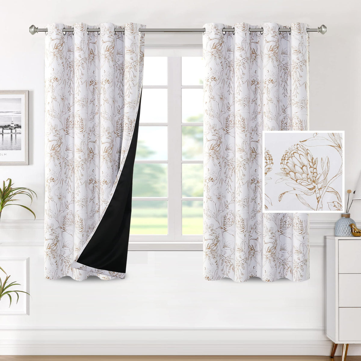 H.VERSAILTEX 100% Blackout Curtains 84 inch Length 2 Panels Set Cattleya Floral Printed Drapes Leah Floral Thermal Curtains for Bedroom with Black Liner Sound Proof Curtains, Grey and Taupe