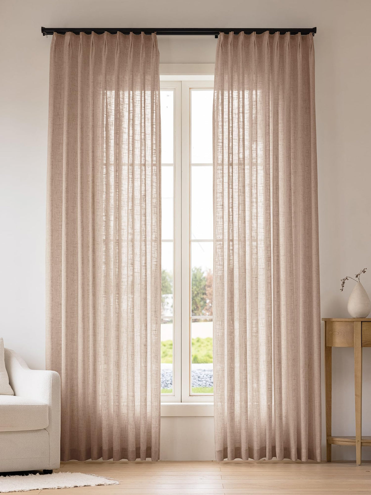 Liz Sheer Pinch Pleated Linen Curtains 90 Inches Long - Light Filtering Pleat Curtains for Living Room,Window Curtains for Bedroom, Luxury Pinch Pleated Drapes with Hooks, Natural, 2 Panels Set
