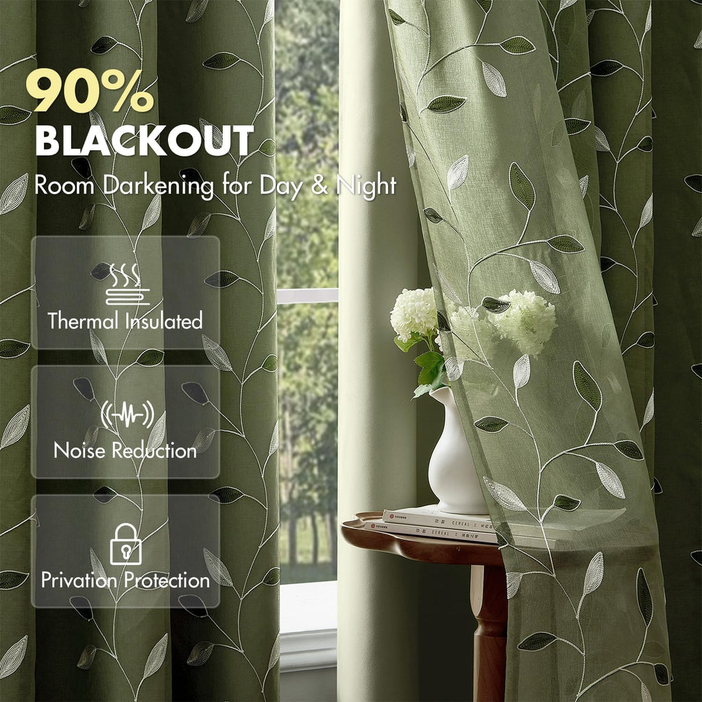 MIULEE Sage Green Double Layer Patterned Blackout Curtains 52" W x 84" L