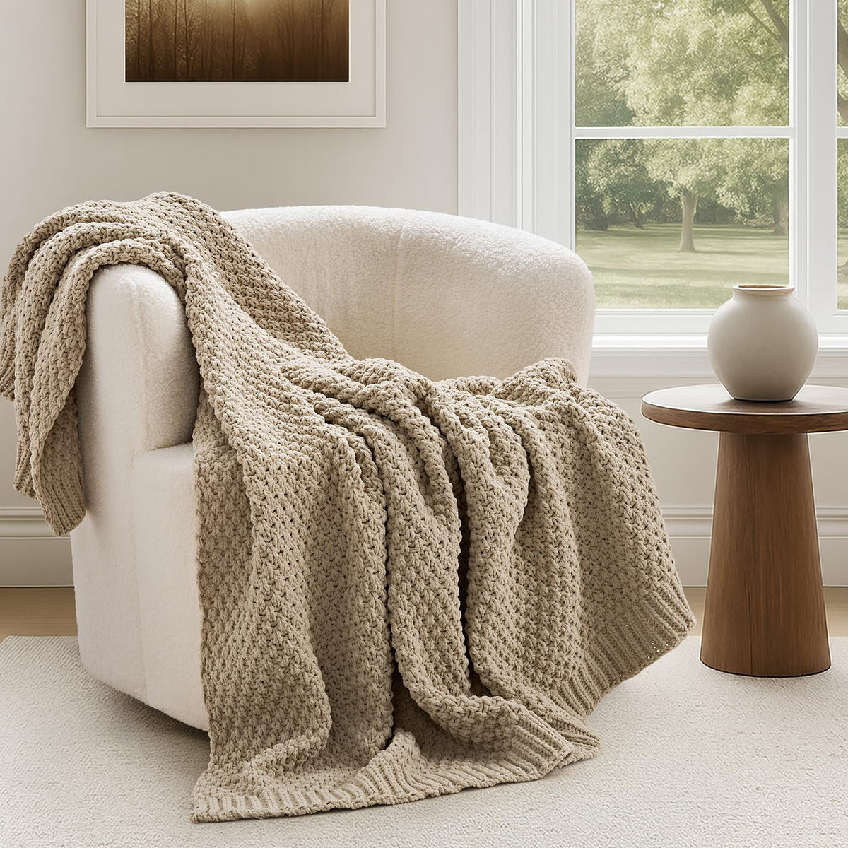 EVERGRACEHOME Chunky Chenille Knit Throw Blanket, 50 x 60, Olive Green