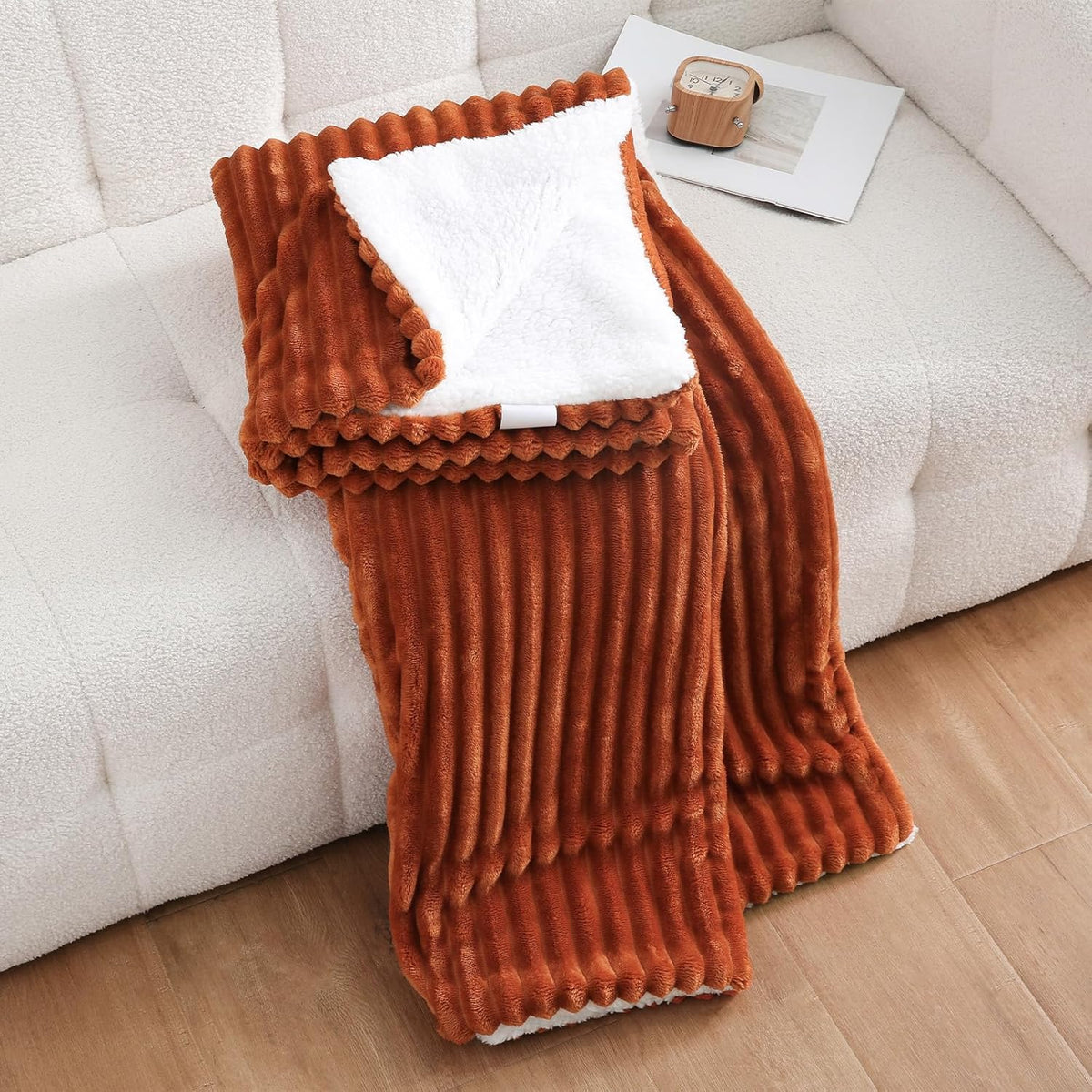 Burnt Orange Sherpa Fleece Throw Blanket 50”×60”Double-sided for Couch