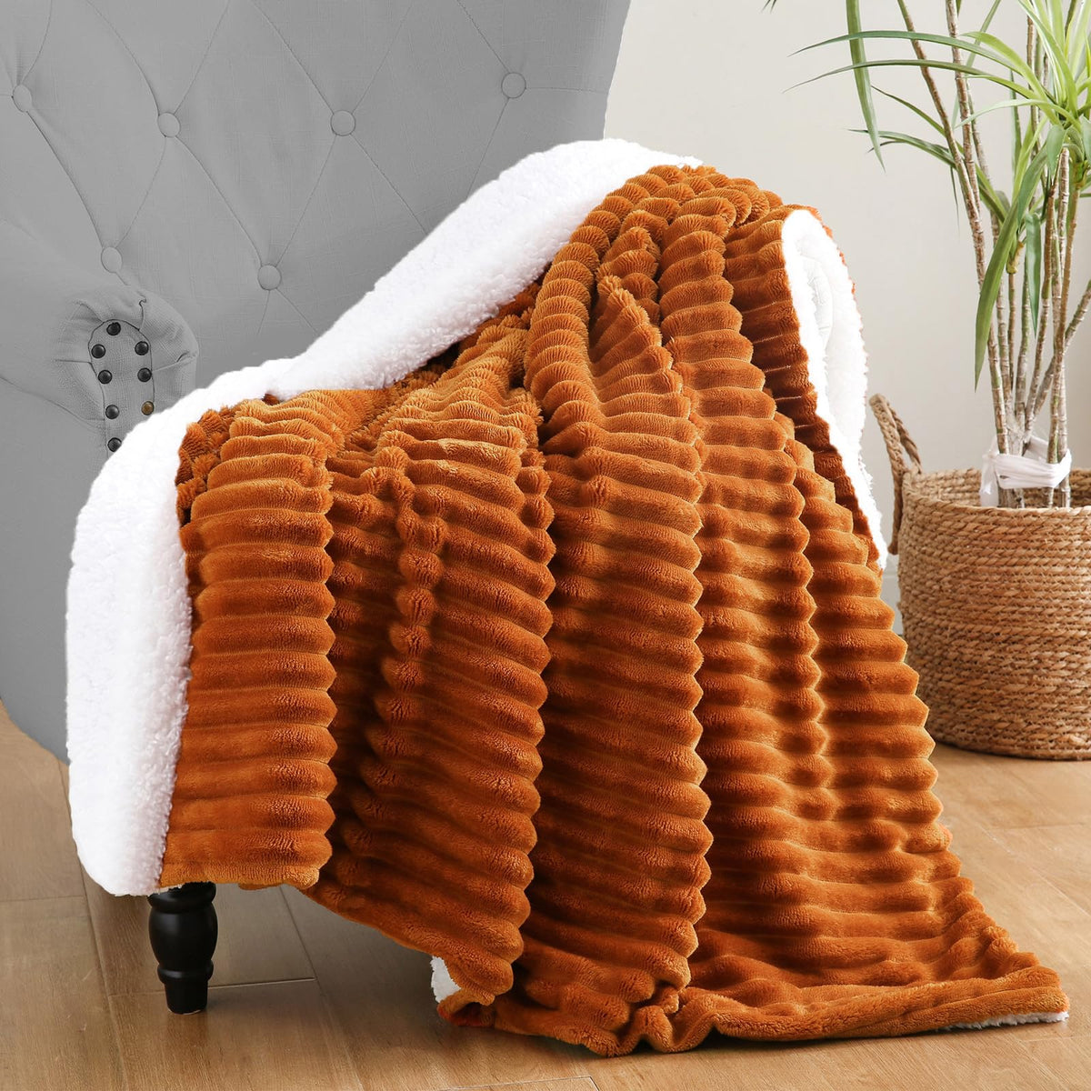 Burnt Orange Sherpa Fleece Throw Blanket 50”×60”Double-sided for Couch