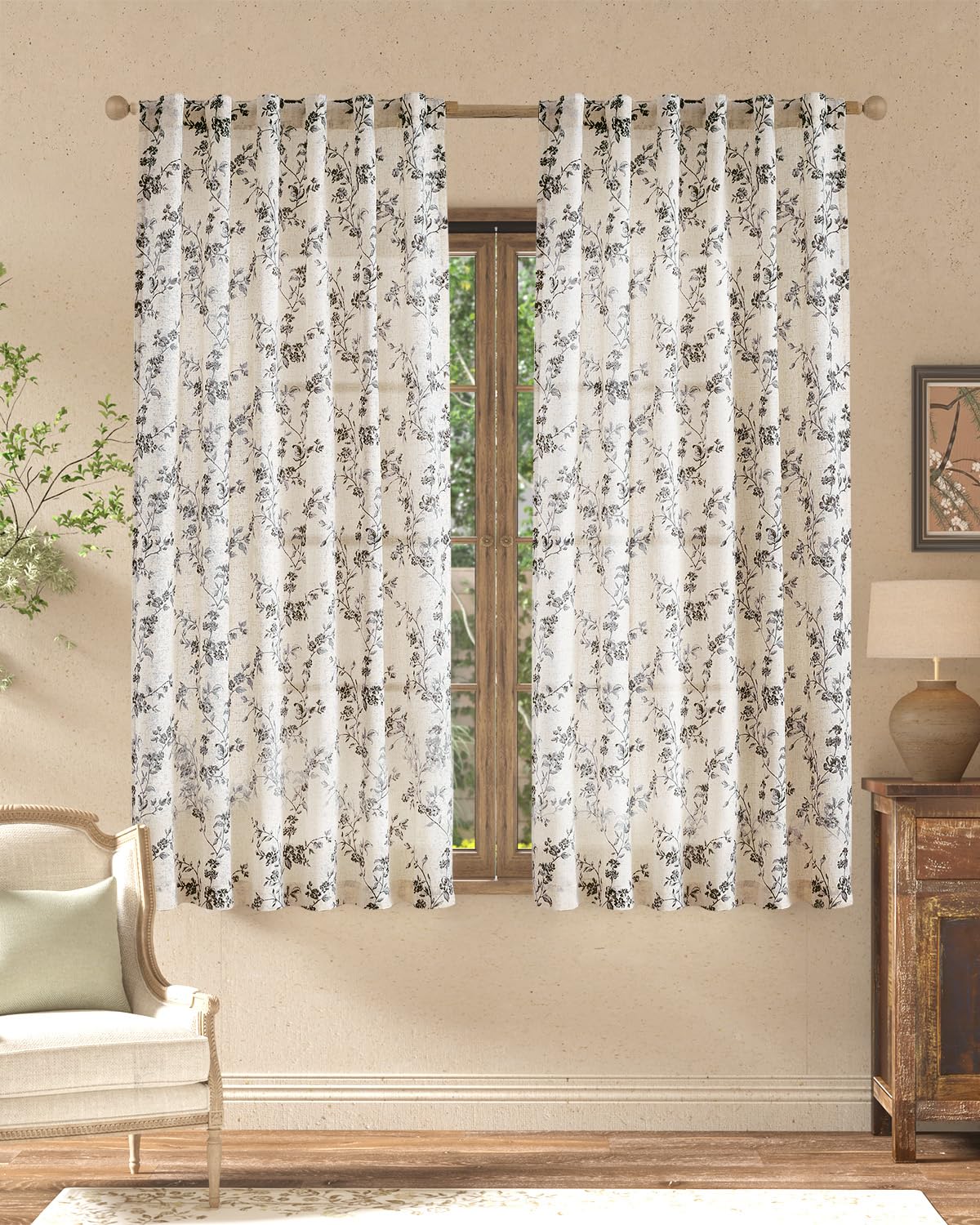 jinchan Taupe Floral Linen Curtains 84 Inch Farmhouse Back Tab 2 Panels