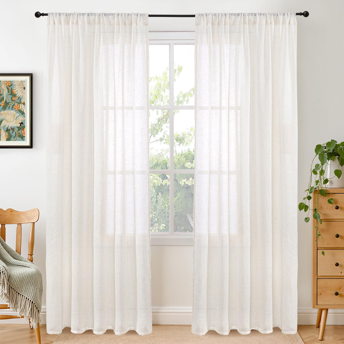 BGment Tan Linen Curtains 84 Inch Length 2 Panels Burlap Semi Sheer Drapes