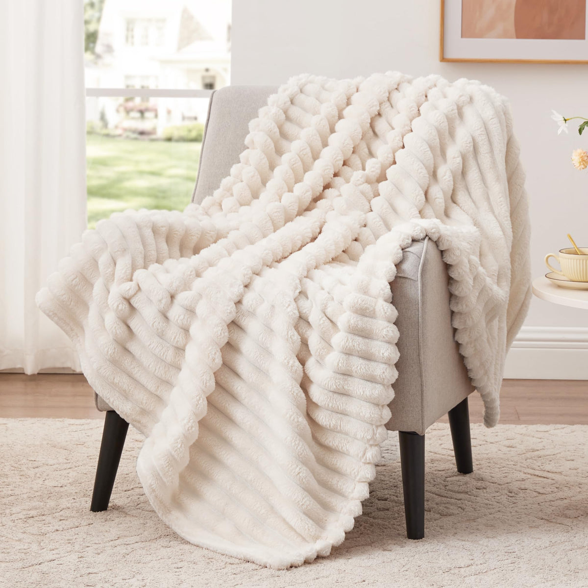 EXQ Home Stripe Jacquard Throw Blanket Light Purple for Couch Gentle Soft