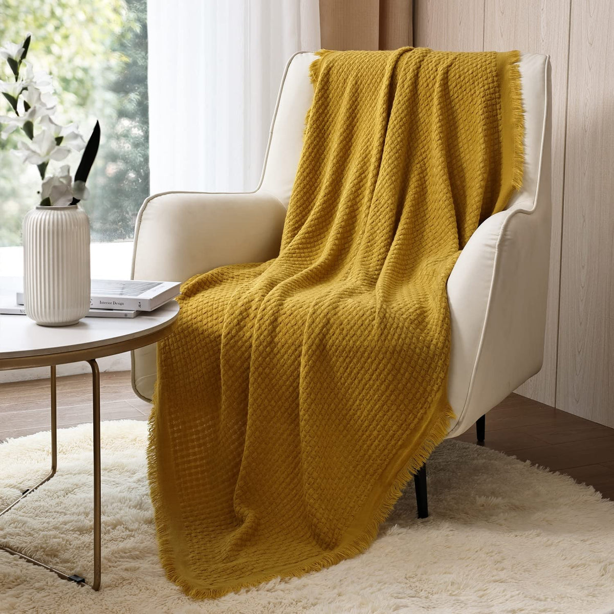 CREVENT Farmhouse Boho Knitted Throw Blanket for Couch Sofa Chair Bed Home Decoration, Soft Warm Cozy Light Weight for Spring Summer Fall (50''X60'' Off White/Ivory/Cream)