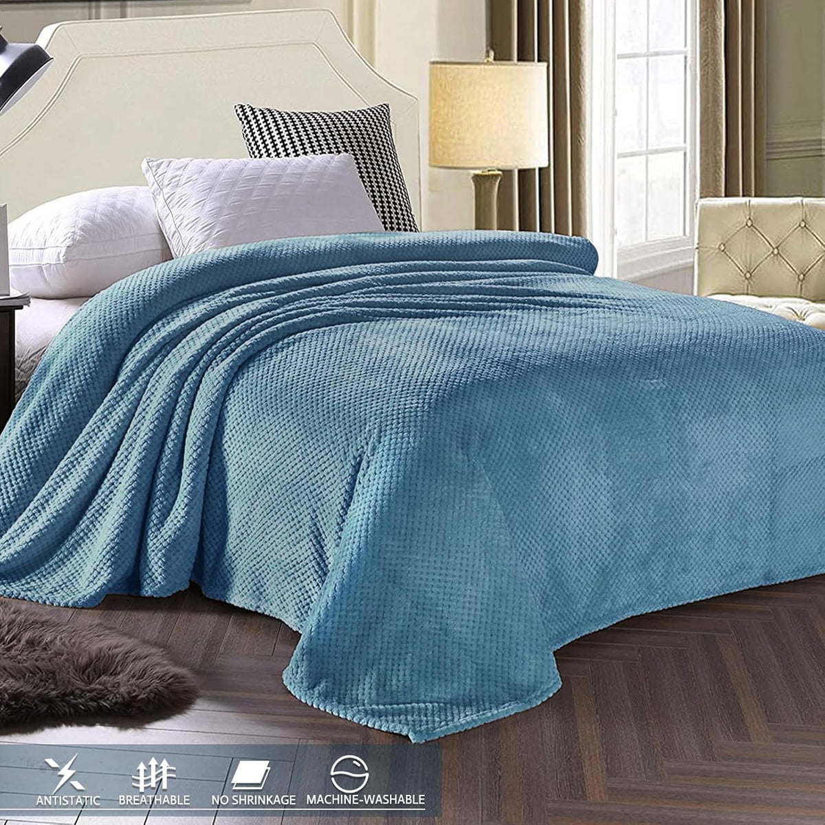 Exclusivo Mezcla Large Waffle Fleece Throw Blanket for Couch, Slate Blue