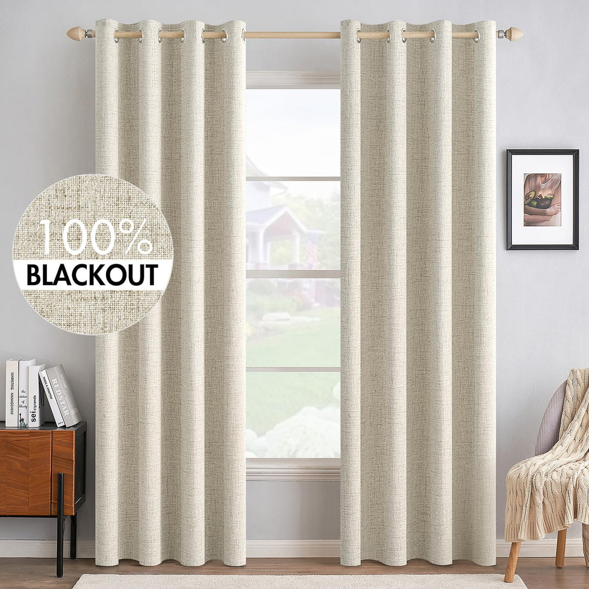MIULEE 100% Blackout Linen Curtains for Bedroom 52x84 Inches Natural Beige