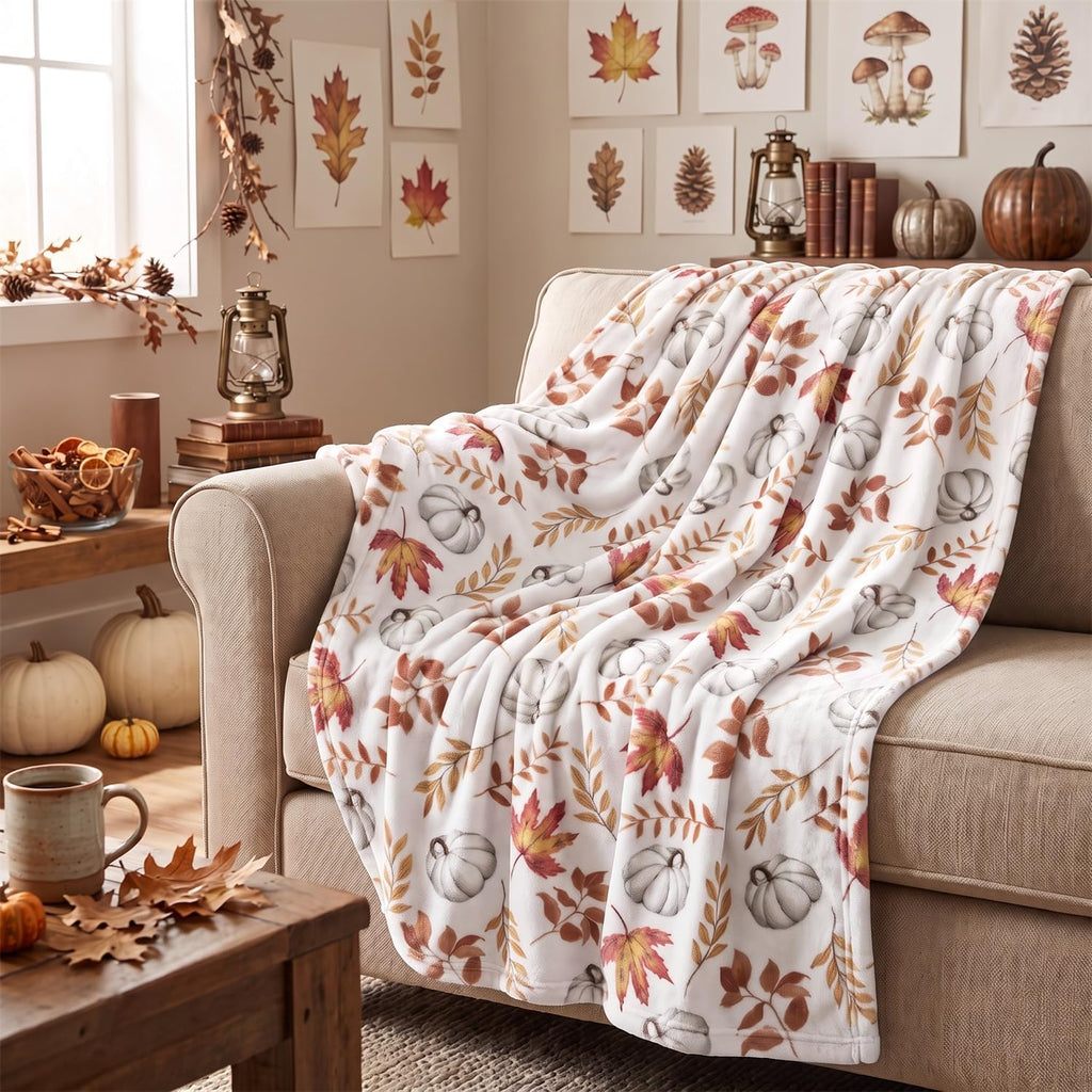 Horaldaily Fall White Pumpkin Orange Leaves Flannel Throw Blanket 50x60