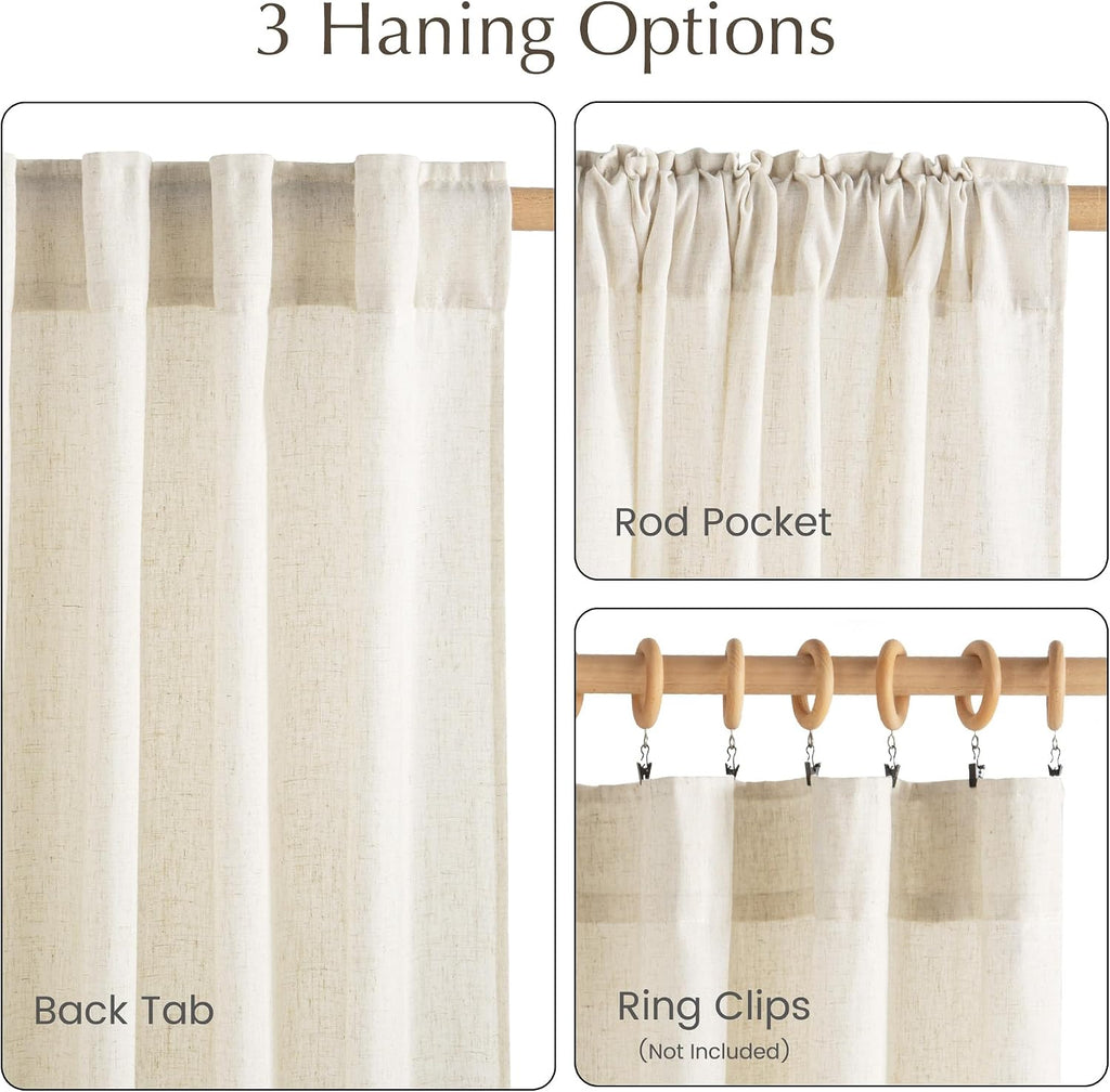 NICETOWN Flax Sheer Linen Curtains for Living Room 95 inch Long 2 Panels, Rod Pocket & Back Tab Semi Sheer Drapes Privacy Added with Light Filtering for Bedroom/Living Room, Natural, W55 x L95