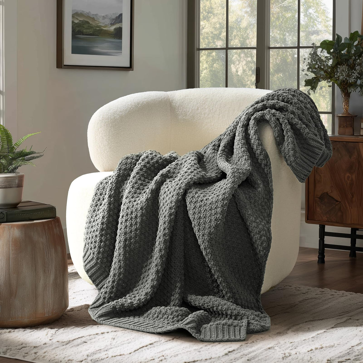 EVERGRACEHOME Chunky Chenille Knit Throw Blanket, 50 x 60, Olive Green