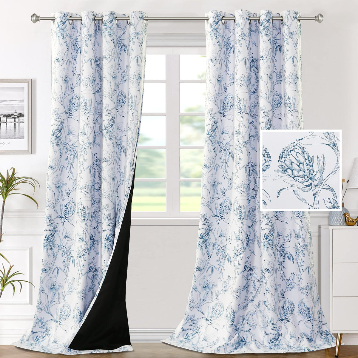 H.VERSAILTEX 100% Blackout Curtains 84 inch Length 2 Panels Set Cattleya Floral Printed Drapes Leah Floral Thermal Curtains for Bedroom with Black Liner Sound Proof Curtains, Grey and Taupe