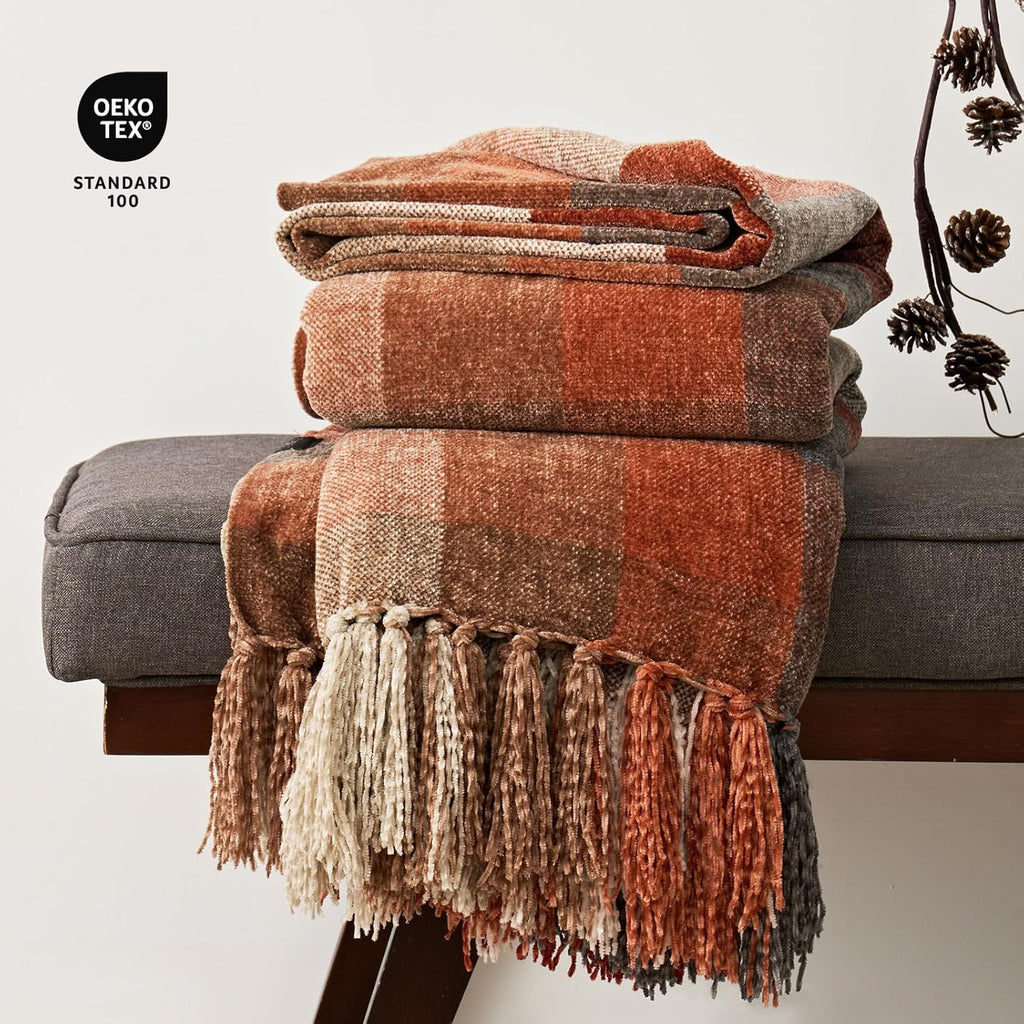 EverGrace Plaid Chenille Fall Throw Blanket, 50"x60", Harvest Orange Plaid