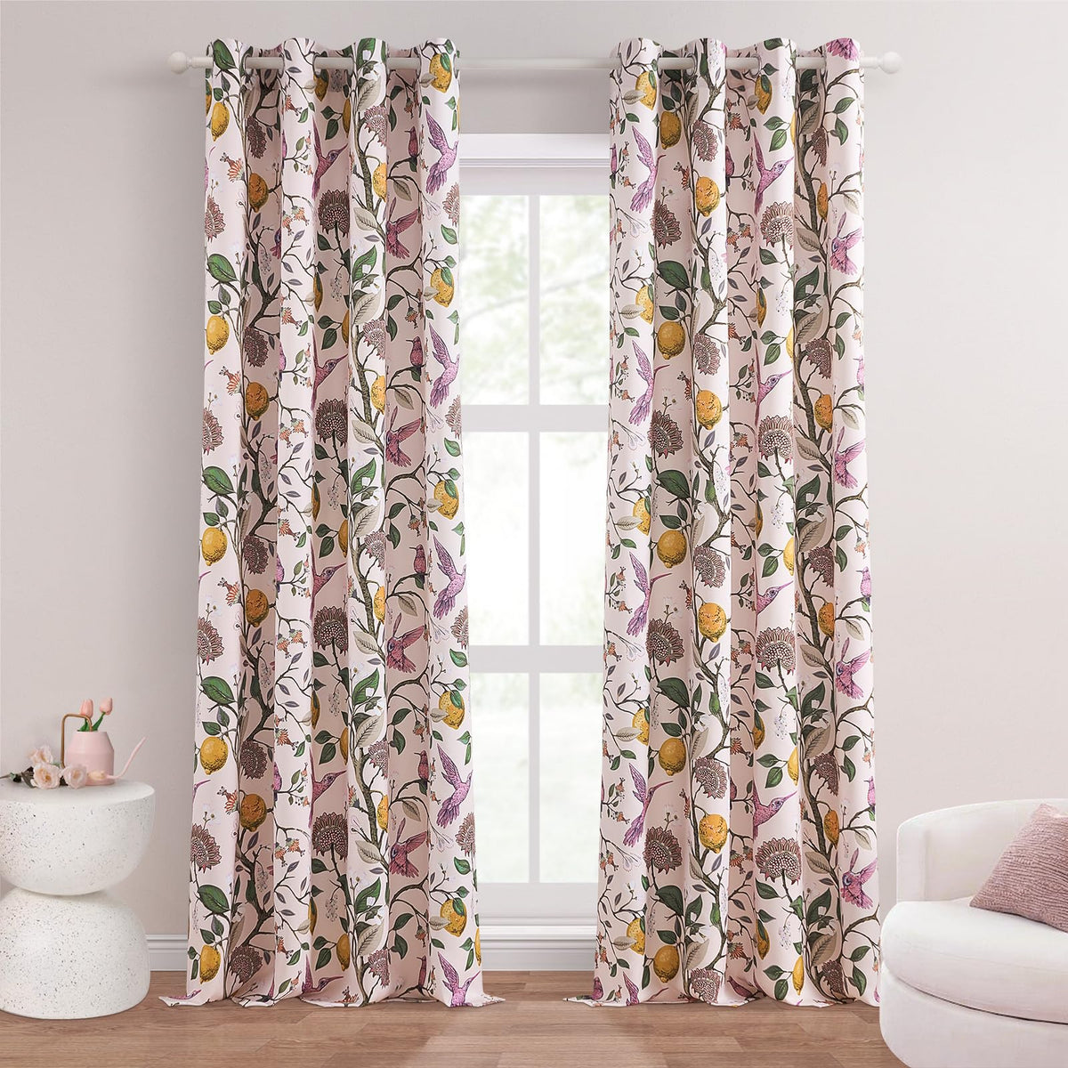 Topfinel Mustard Yellow Vintage Curtains & Drapes 84 Inches Long, Grommet Luxury Whimsical Floral Lemon Hummingbird Patterned Waverly Mid Century Colorful Blackout Drapes for Living Room Bedroom
