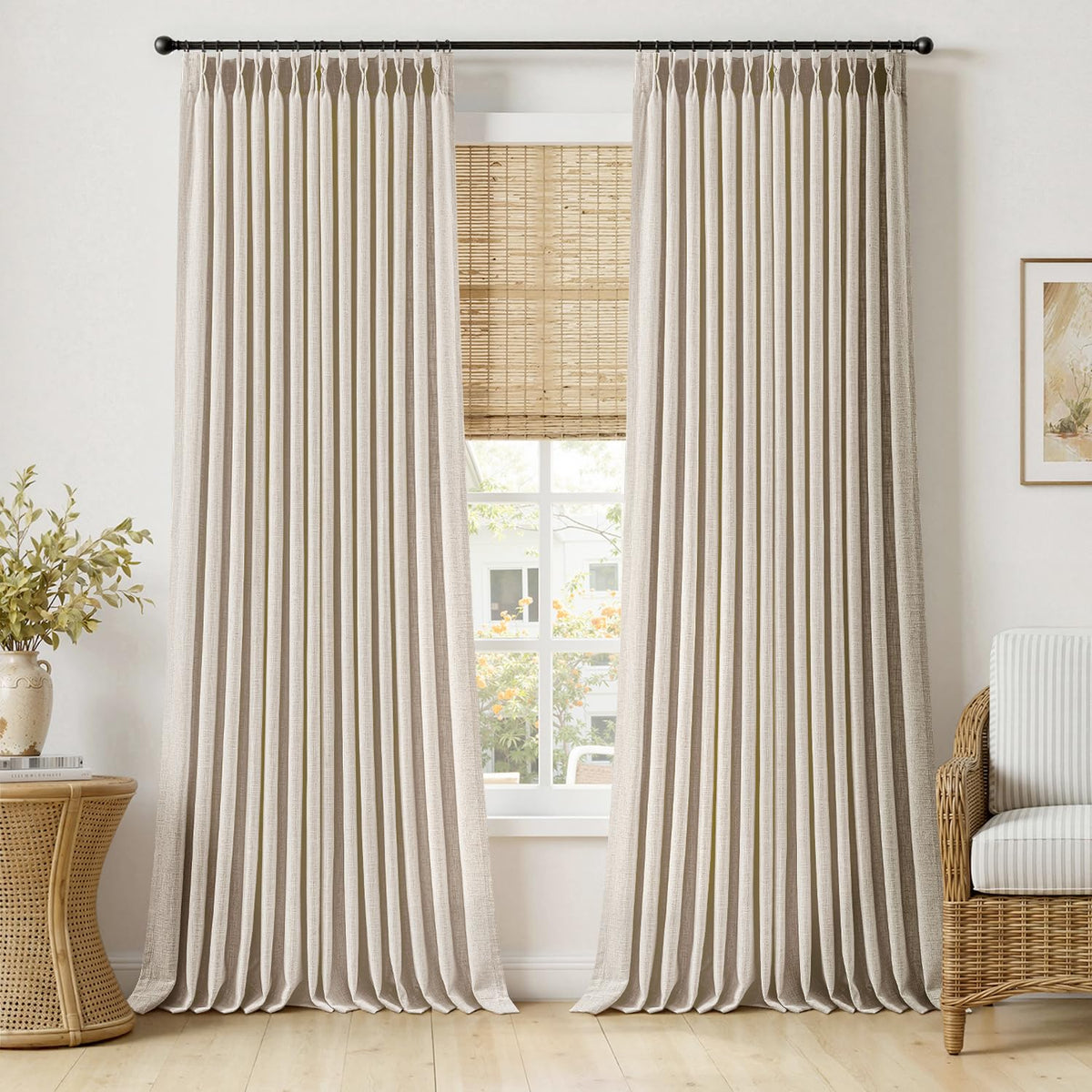 MIULEE Pinch Pleated Linen Curtains 96 Inches Long Beige White 2 Panels