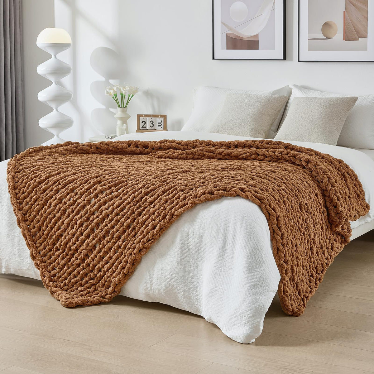 Bigacogo Chunky Knit Throw Blanket for Couch, 40x60 inches, Beige
