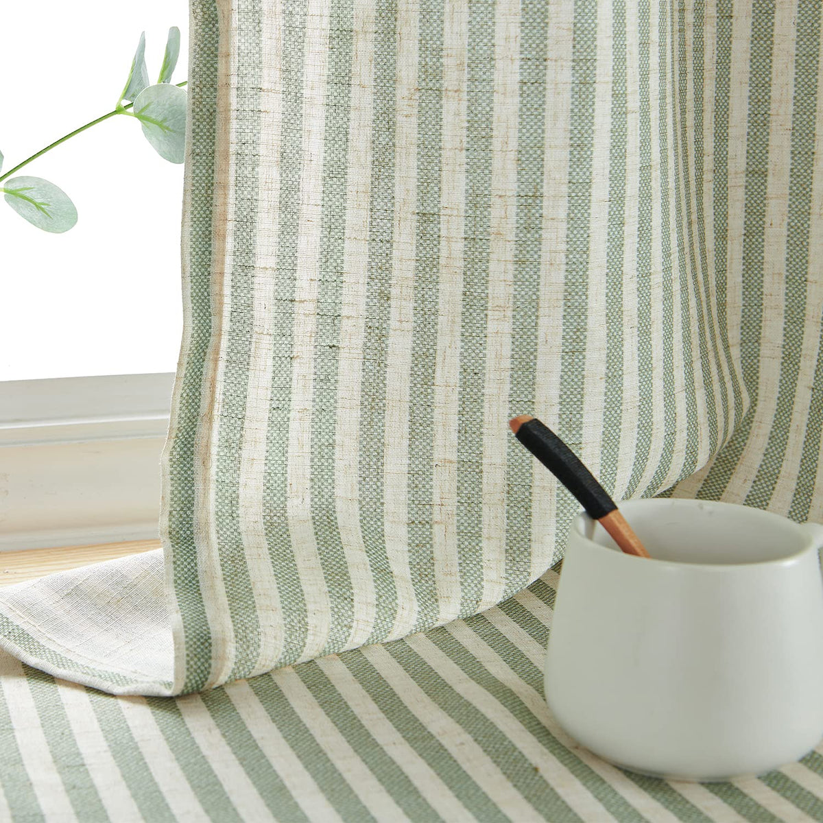 jinchan Linen Curtains 84 Inch Taupe Grey Stripe on Beige Grommet 2 Panels