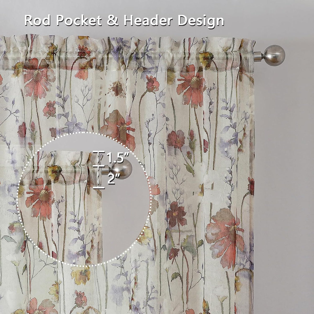 OWENIE Crushed Sheer Curtains 84 Inch Length 2 Panels Set, Sheer Floral Curtains Printed Drapes on Sheers for Living Room, Rod Pocket Light Filtering Window Sheers (2 Panels, 42" x 84")