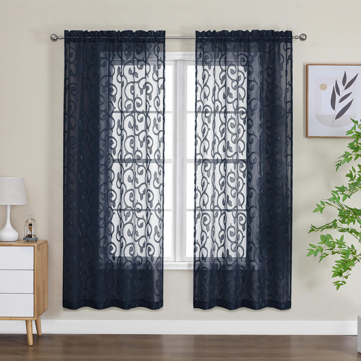 OWENIE Furman Ivory Sheer Curtains 84 inches Long for Bedroom Living Room 2 Panels Set, Jacquard Clip Light Filtering Semi Sheer Curtain Rod Pocket Window Drapes, 2 Pcs Each 40 W 84 L