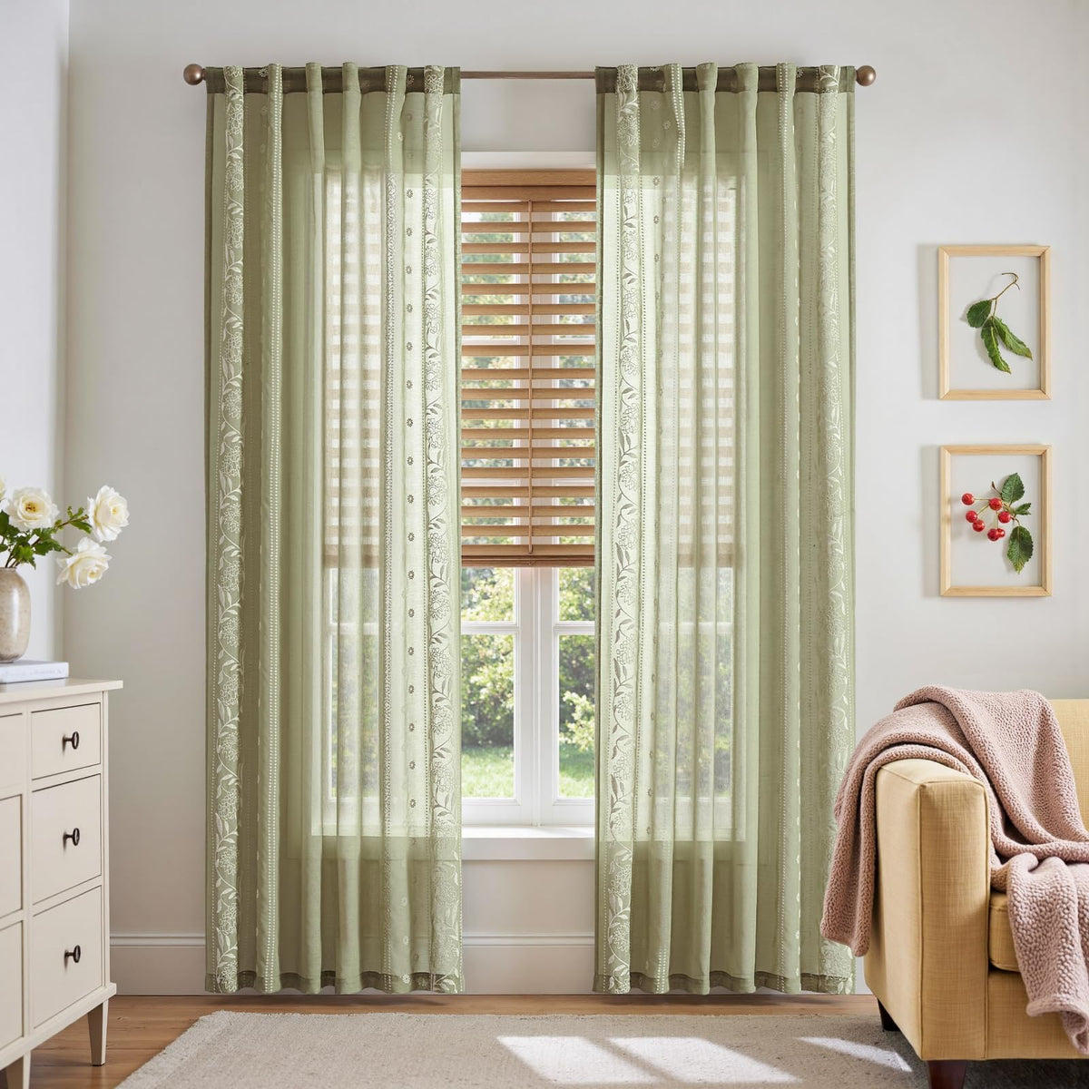 jinchan Sage Floral Linen Curtains for Living Room 84" Back Tab 2 Panels