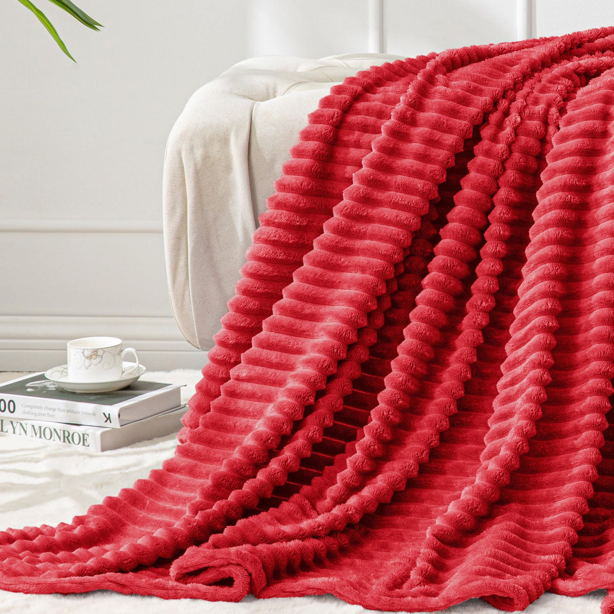 BEDELITE 3D Ribbed Jacquard Pink Fleece Throw Blanket for Couch, 50x60 Inch