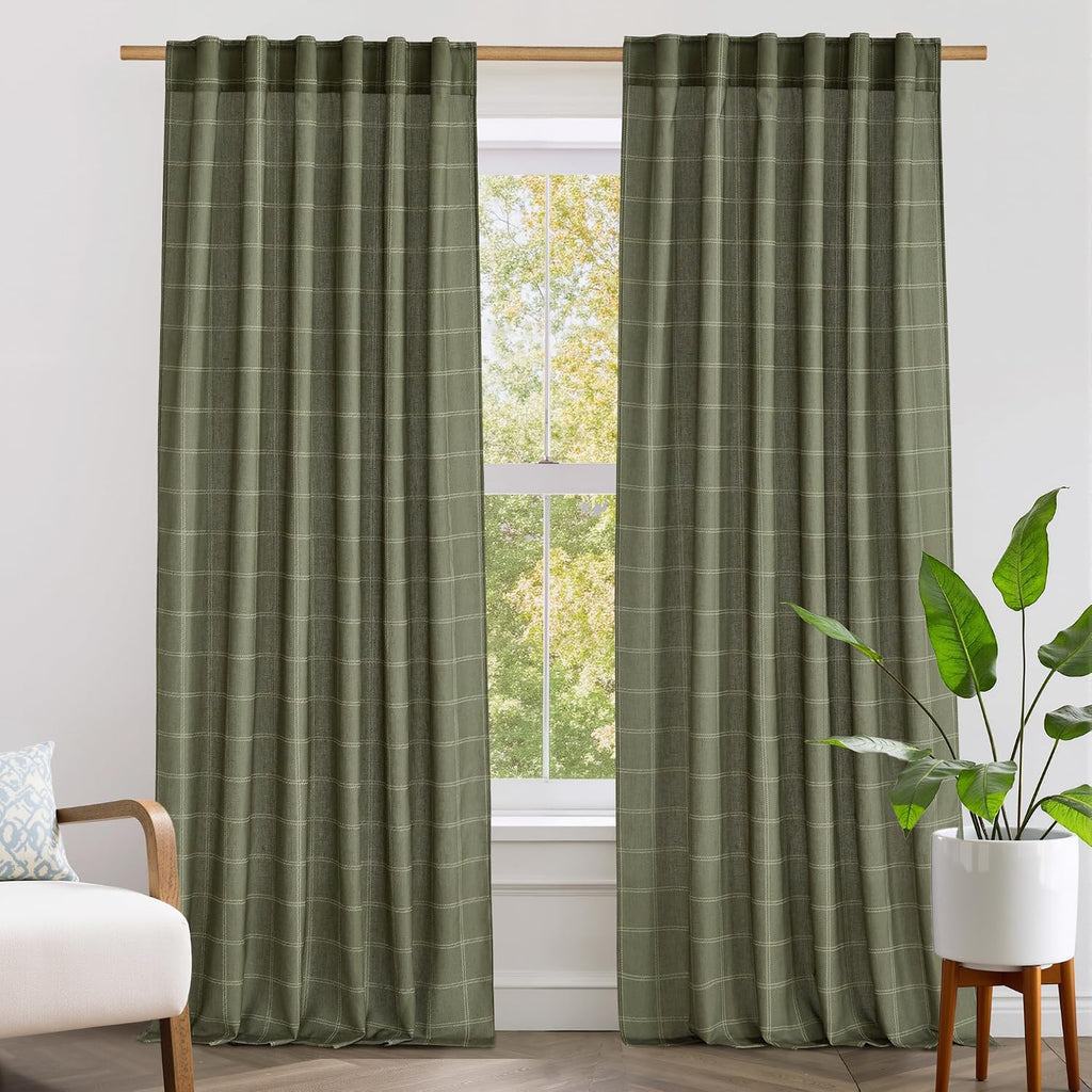 NICETOWN Moss Green Linen Plaid Curtains 96 inches Long for Bedroom