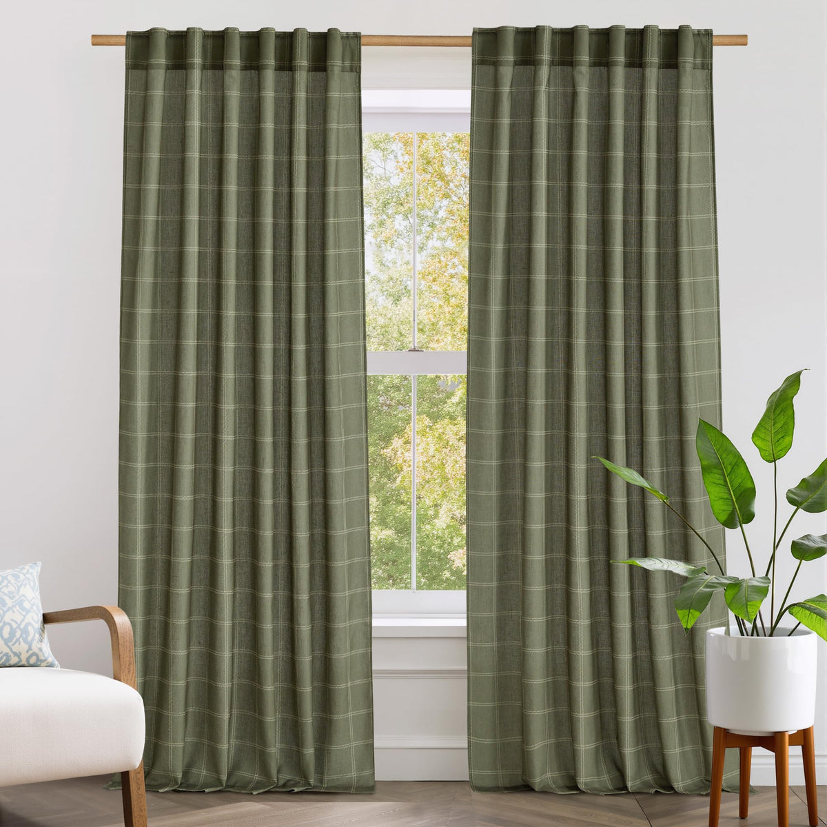 NICETOWN Moss Green Linen Plaid Curtains 96 inches Long for Bedroom