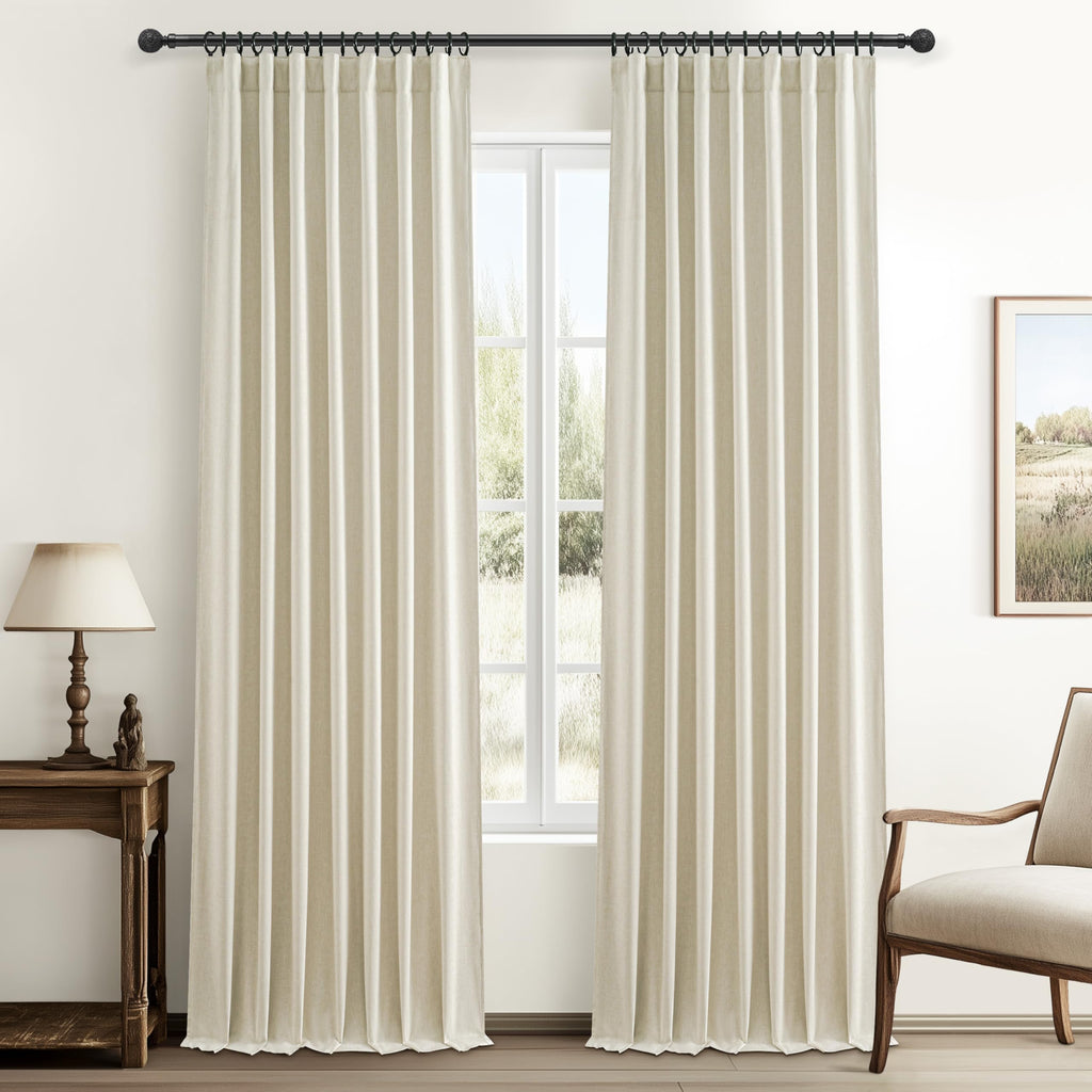 100% Blackout Curtains 84 Inch Length 2 Panels Set Farmhouse Style for Bedroom Windows/Living Room Thermal Insulated Neutral Boho Drapes Linen Blend Natural Ivory 7ft Long Hook Belt Pleated/Back Tab