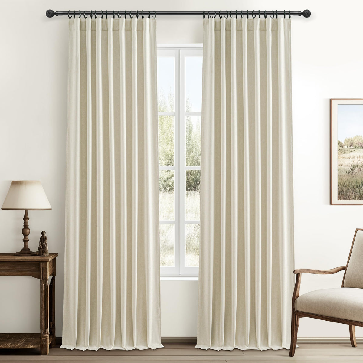 100% Blackout Curtains 84 Inch Length 2 Panels Set Farmhouse Style for Bedroom Windows/Living Room Thermal Insulated Neutral Boho Drapes Linen Blend Natural Ivory 7ft Long Hook Belt Pleated/Back Tab