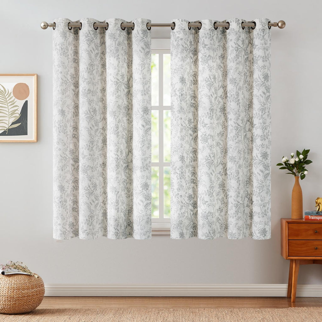 Lazzzy Grey Floral Linen Curtains Farmhouse Grommet Top 50W X 63L 2 Panels