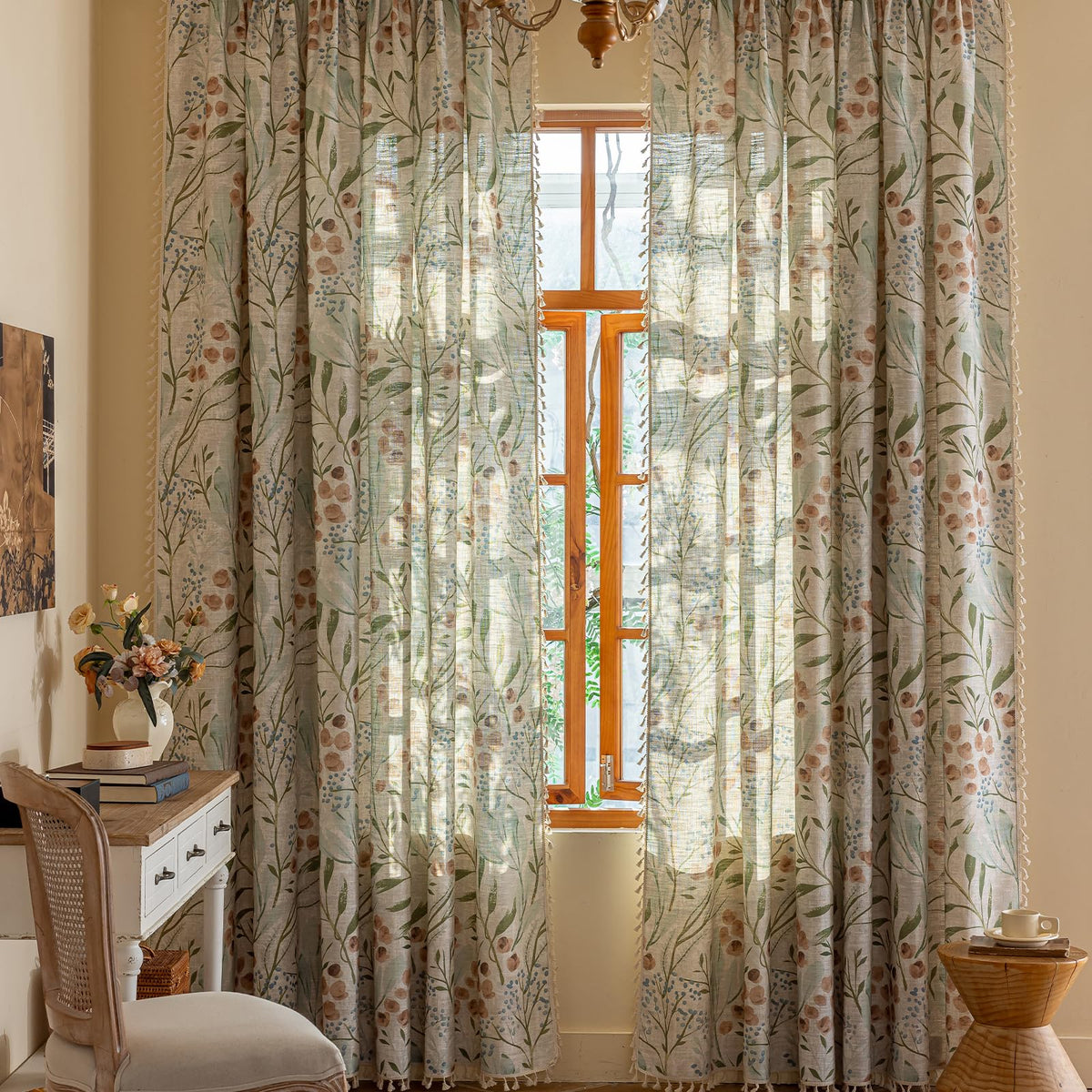 ENJOYBRIDAL Floral Curtains 84 Inch Long Living Room Boho Drapes Bedroom 2 Panels Semi Sheer Floor Length Window Curtain Panels Vintage Rod Pocket Tassel Farmhouse Nursery Window Treatments