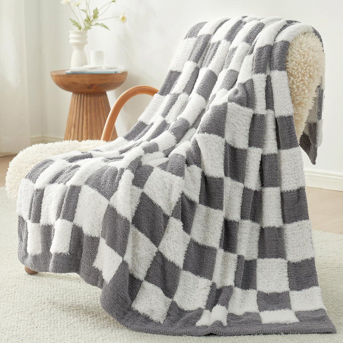 Snuggle Sac Fall Checkered Throw Blanket Faux Fur Microfiber Blankets for Couch,Cozy Soft Warm Blanket for Sofa Bedroom Living Room,Beige Checker,50x60 inches