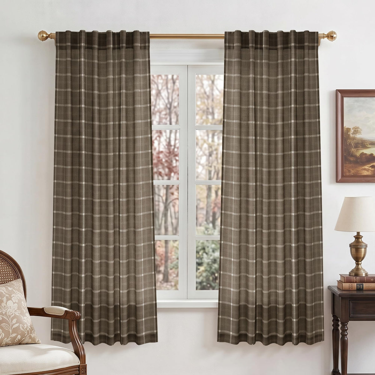 NICETOWN Moss Green Linen Plaid Curtains 96 inches Long for Bedroom